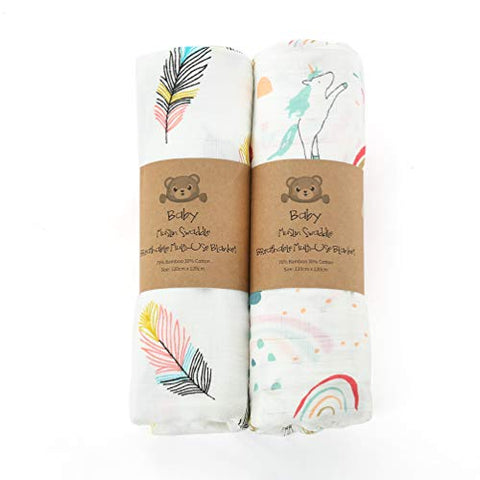 Baby Muslin Swaddle Blanket Set Of 2 | Bamboo Unicorn Feather | Extra Large 120 x 120CM