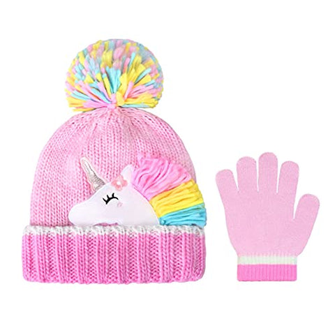 Girls Winter Hat and Gloves Set | Unicorn Pom Pom Hat | 7-10 Years 