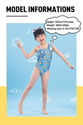 IKALI Girls Swimming Costume One Piece, Kids Unicorn Rainbow, Blue