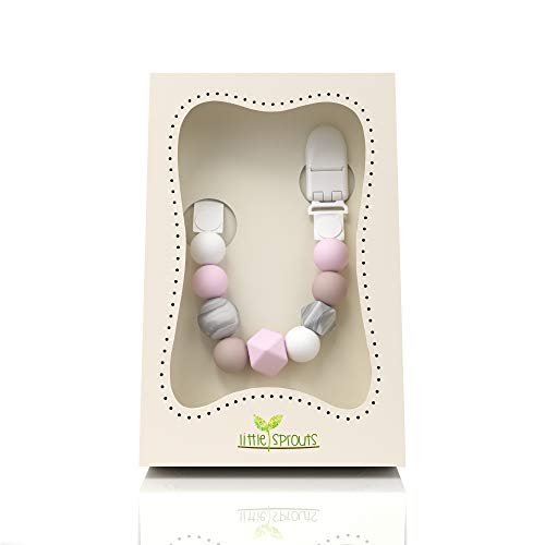 Dummy Chain & Teether  - 2 in 1 - Pink, White, Grey - Ideal Baby Gift