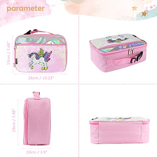 Unicorn Sequined Pink Lunch Bag for Kids, Insulated Lunch Box, Snack Box
