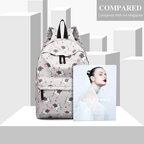 GOTYA Girls Unicorn Canvas Backpack Casual School Shoulder Bag Cartoon Prints Travel Rucksack (Grey)