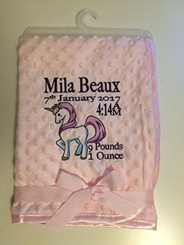 Personalised Unicorn baby blanket including babies name, birth date. Pale pink micro plush dimpled fleece blanket, ideal newborn, christening, naming gift. Personal and unique, treasured keepsake.