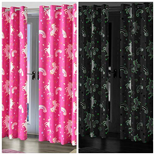 Glow In The Dark Unicorn Blackout Pair Eyelet Curtains | Pink | 46 X 54 Inches