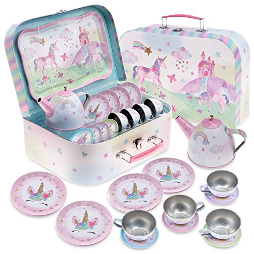15 Piece Kids Pretend Toy Tin Tea Set & Carrying Case | Unicorn Design | Jewelkeeper