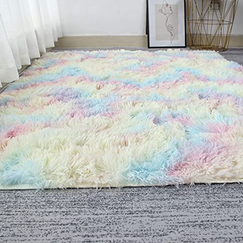 Super Soft Fluffy Shaggy Rugs Multicoloured 120 x 160 cm Anti-Slip Carpet Rainbow Kids Mat Living Room Extra Large Size Area Rug Modern Bedroom Nursery Rugs Non Shedding