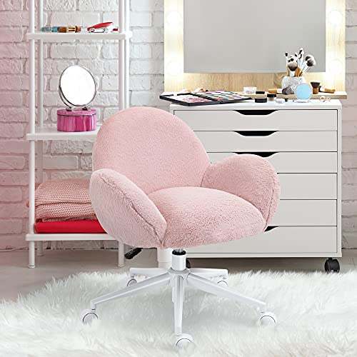 HOMCOM Fluffy Leisure Chair Office Chair with High Back and Armrest for Home Bedroom Living Room with Wheels, Pink