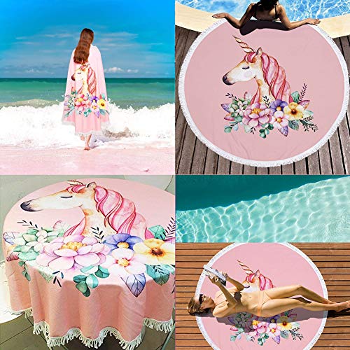 Pink Floral Unicorn Beach Towel | Round