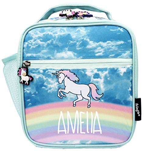 FRINGOO Personalised Unicorn Kids Lunch Bag | Thermal Insulated 2 Compartment Cooler Bag with Side Mesh Pocket