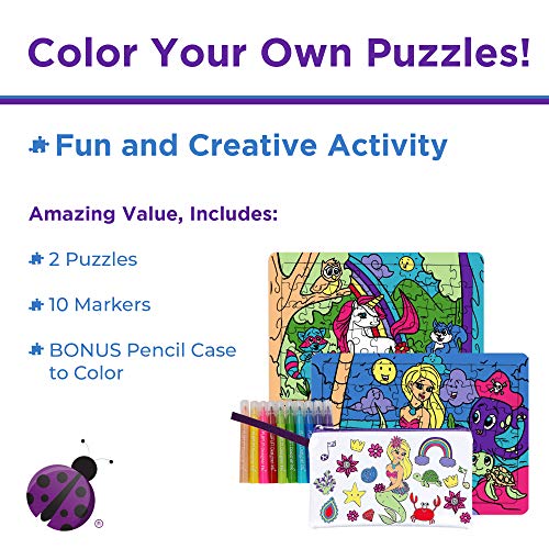Jigsaw Puzzles for Kids with Unicorn & Mermaid Designs- with Markers + a Bonus Pencil Case! Great Girl Gift
