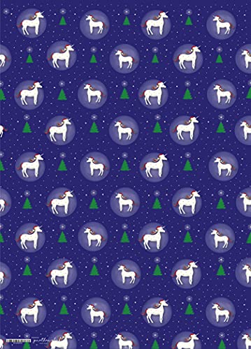 Unicorn & Christmas Trees Wrapping Paper | Blue