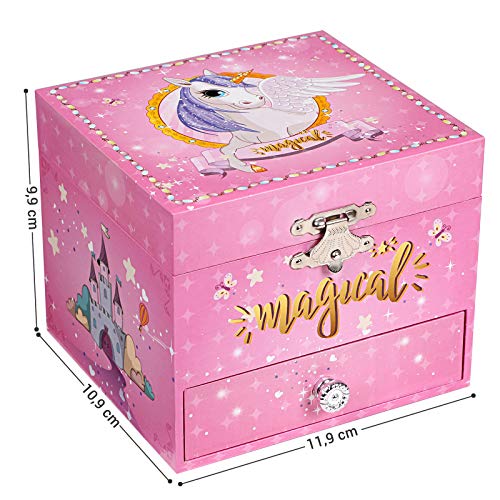 Unicorn and Ballerina Musical Jewellery Box, Small Wind-Up Music Box with Storage, Pullout Drawer, for Little Girls, Pink