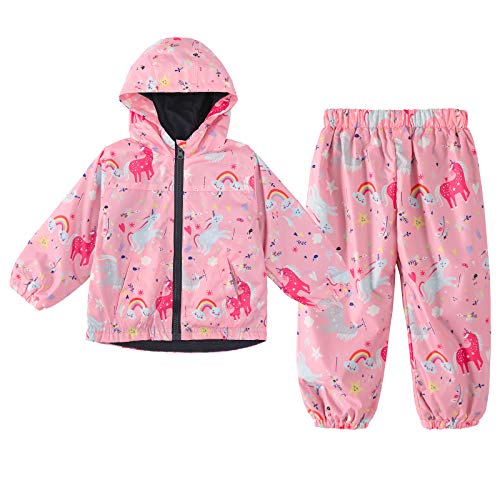 Girls Waterproof Raincoat Set | Outdoor Unicorn Rain Jacket & Trousers | Pink | 2Pcs