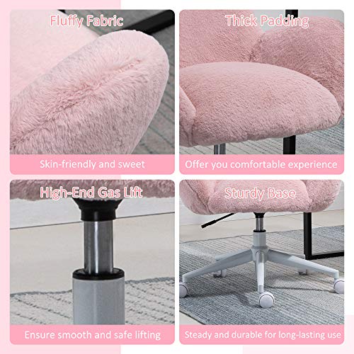 HOMCOM Fluffy Leisure Chair Office Chair with High Back and Armrest for Home Bedroom Living Room with Wheels, Pink