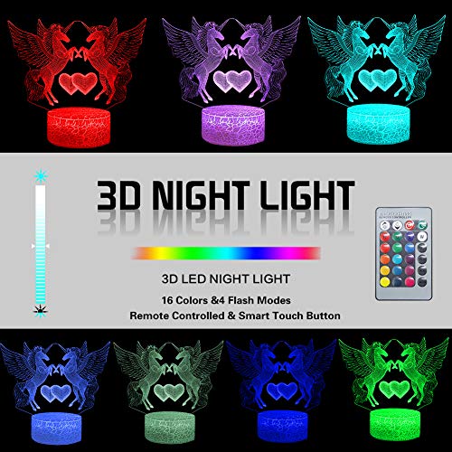Unicorn 3D lamp Double Heart Creative Unicorn 3D Night Light 16 Colours Change Remote Plug
