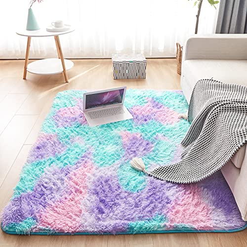 Fluffy Area Rugs Rainbow Soft Rug Plush Carpets for Living Room Kids Girls Bedroom Nursery Home Decor Floor Carpet 120x150cm