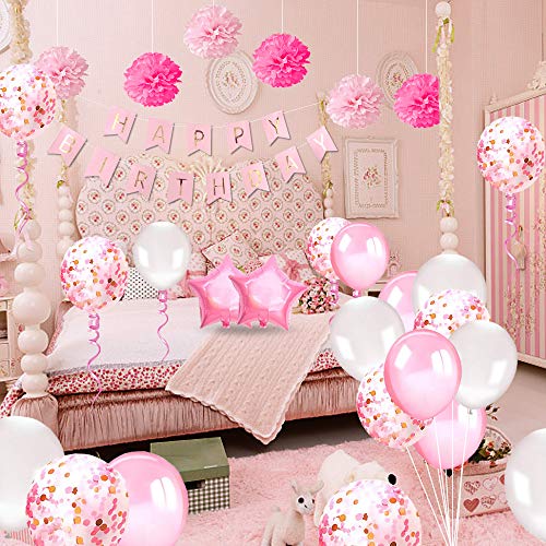 Birthday Decorations Girls Pink, Banner, Balloons, Pompoms, Tassels 
