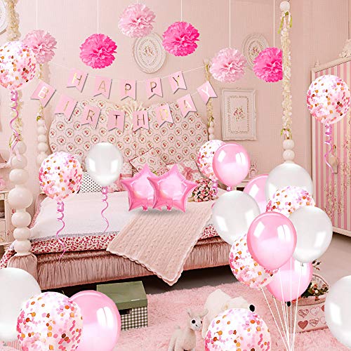 Birthday Decorations Girls Pink, Banner, Balloons, Pompoms, Tassels