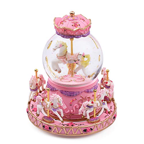 Unicorn Music Box | Colour Changing LED Snow Globe Carousel | Pink | Gift