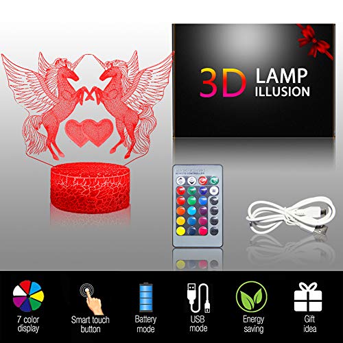 Unicorn 3D lamp Double Heart Creative Unicorn 3D Night Light 16 Colours Change Remote Plug