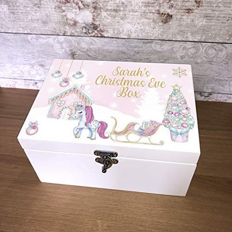 Personalised Magical Unicorn Pink Wooden White Christmas Eve Box 