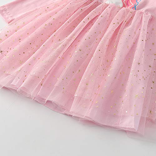 Girls Unicorn Princess Tulle Long Sleeve Party Casual Dress - Pink