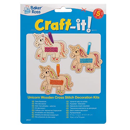 Baker Ross Unicorn Wooden Cross Stitch Decoration Kits, Arts and Crafts for Kids (Pack of 5)