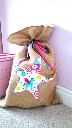 Unicorn Present Toy Sack For Christmas | Santa Sack | Hessian, Multicoloured Ribbons