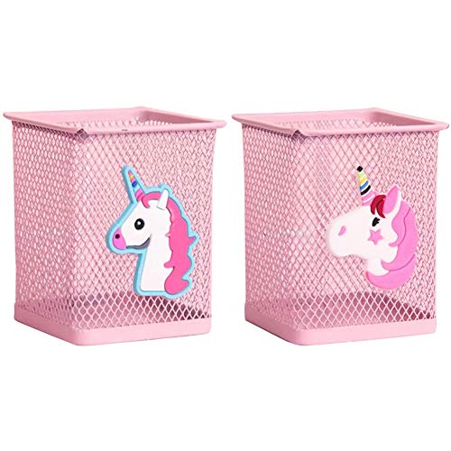 2 Pack Metal Cute Pen Pencil Holder | Unicorn Design | Office Home Desk | Pink