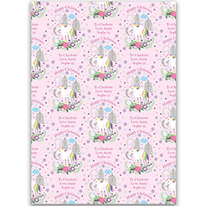 Personalised Christmas Wrapping Paper | Unicorn Design | Pink