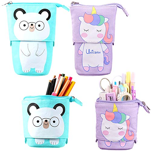 2 PC Unicorn & Spectacled Bear Stand Up Pencil Case | Pen Pot Holder | Organiser 