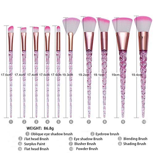 10 Pieces Unicorn Crystal Make Up Brushes