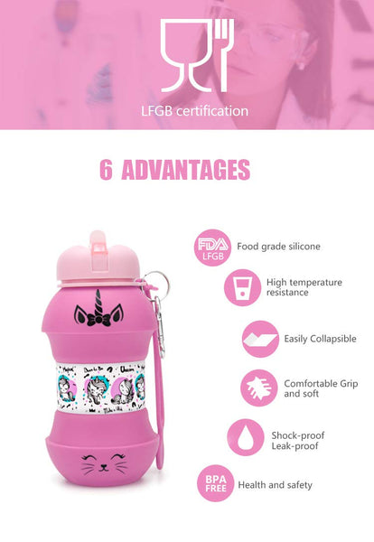 AToZ UK Unicorn water bottle for kids, 550ml/19 oz Collapsible Silicone reusable water bottle, BPA Free, Leakproof, Fun unique ball design with exclusive print, for girls (Pink)