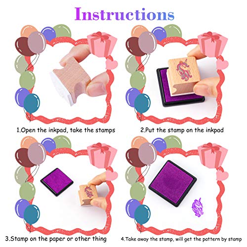 16pcs Wooden Ink Stamps For Crafts With Ink Pad | 4pcs | Unicorn, Mermaid, Princess, Heart, Rainbow, Butterfly