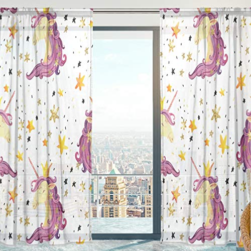 Unicorn and Stars Sheer Curtains White, Purple, Yellow