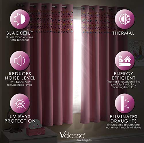 Velosso Blackout Blush Pink Unicorn Multi Coloured Foil Printed Super Soft Thermal Insulated Blackout Ring Top Eyelet Pair of Bedroom Curtains (66" Wide x 54" Drop)