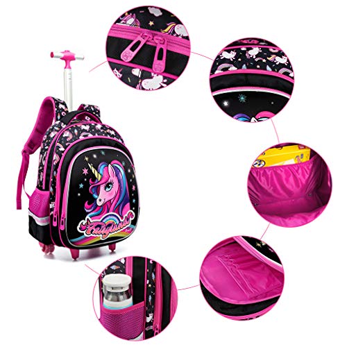 Unicorn Backpacks Trolley Bag Set for Girls, Primary School Bag Wheeled Backpack with Lunch Bag Pencil case Ideal for 1-6 Grade Students