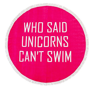Slogan unicorn round beach towel. Bright pink.