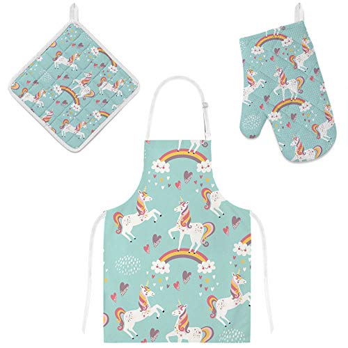 Cute Unicorn Rainbow Apron & Oven Glove, Mitt Pot Holder Set