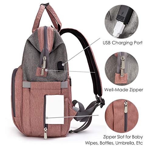 Pink and Grey Baby Changing Bag, Rucksack Backpack with USB Charging Port