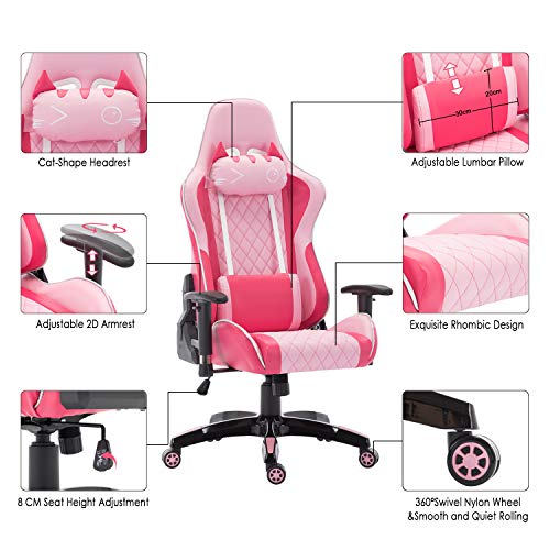 Wahson PU Leather Gaming Chair, Computer Game Chair Ergonomic Reclining Racing Chair for PC Office Desk Chair with Cat-Shape Headrest and Lumbar Support (Pink)