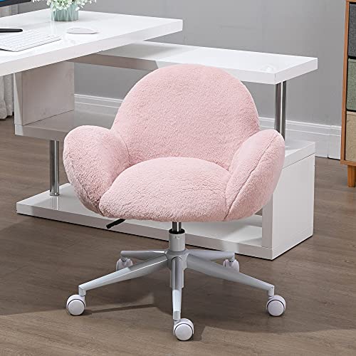 HOMCOM Fluffy Leisure Chair Office Chair with High Back and Armrest for Home Bedroom Living Room with Wheels, Pink