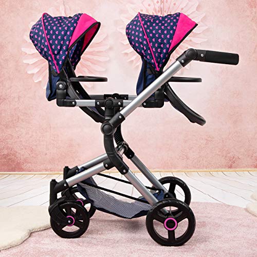 Twin Pram Dolls Carriage | Buggy | Unicorn Design | With Changing Bag | Blue & Pink | Bayer Design