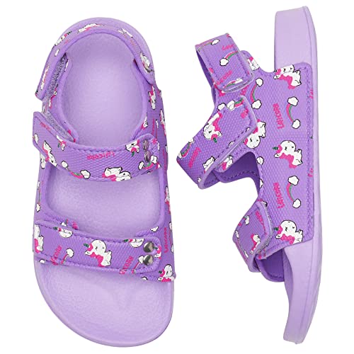 Boys Girls Sandals Kids Summer Sandals Open Toe Little Kids Walking Sandals Anti Slip Toddler Hook-Loop Sandal (Purple Unicorn, 9UK Child)