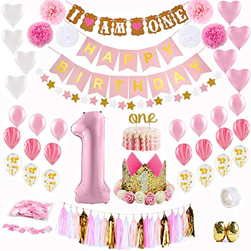 1st Birthday Decoration Set, 61pcs Baby Girl First Birthday Party Decoration Kit | Pink, Gold