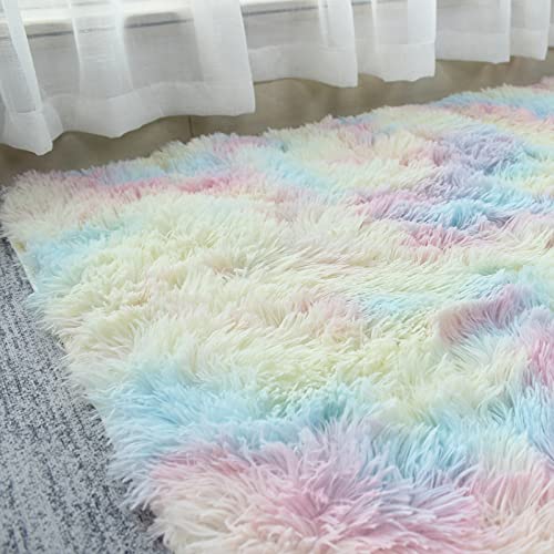 Super Soft Fluffy Shaggy Rugs Multicoloured 120 x 160 cm Anti-Slip Carpet Rainbow Kids Mat Living Room Extra Large Size Area Rug Modern Bedroom Nursery Rugs Non Shedding