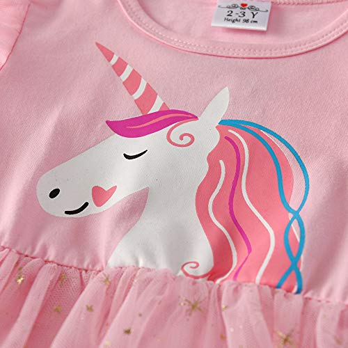Girls Unicorn Princess Tulle Long Sleeve Party Casual Dress - Pink