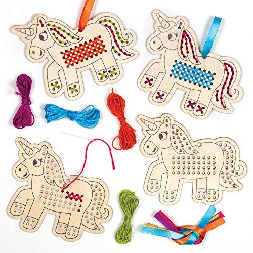 Baker Ross Unicorn Wooden Cross Stitch Decoration Kits, Arts and Crafts for Kids (Pack of 5)