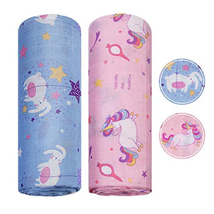 2 Packs Bamboo Muslin Swaddle Blankets | Unicorns & Rabbit | 120 X 110cm | Baby Shower Gift 