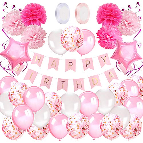 Birthday Decorations Girls Pink, Banner, Balloons, Pompoms, Tassels 